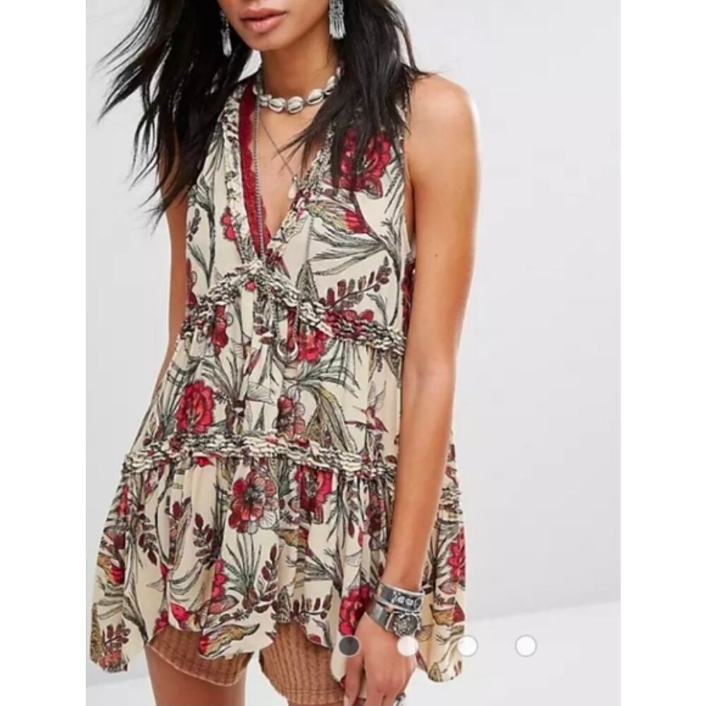 Free People Watercolor Hummingbird Floral Print Asymmetrical Tunic/Mini Dress L